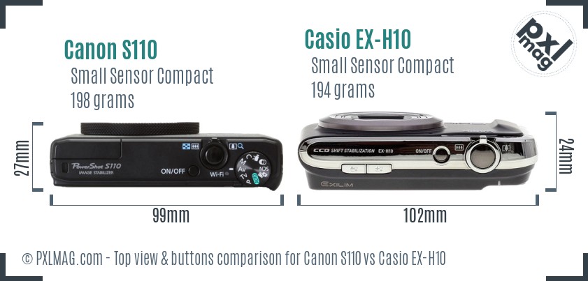 Canon S110 vs Casio EX-H10 top view buttons comparison