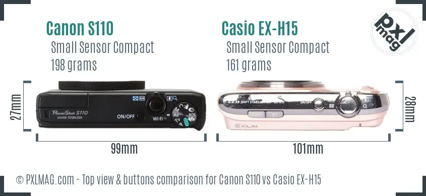 Canon S110 vs Casio EX-H15 top view buttons comparison