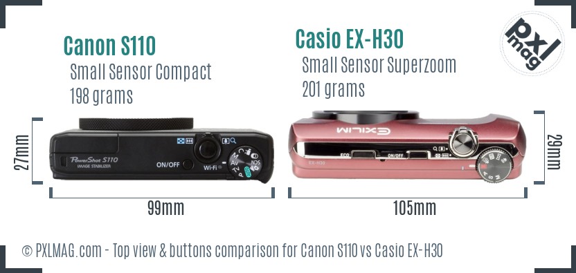 Canon S110 vs Casio EX-H30 top view buttons comparison