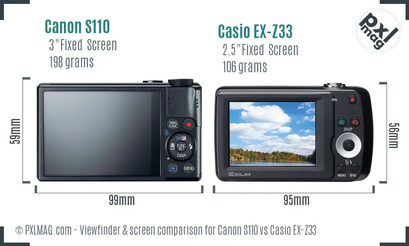 Canon S110 vs Casio EX-Z33 Screen and Viewfinder comparison