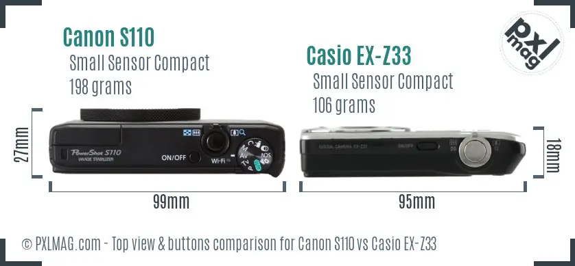 Canon S110 vs Casio EX-Z33 top view buttons comparison