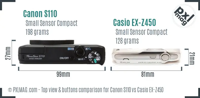Canon S110 vs Casio EX-Z450 top view buttons comparison