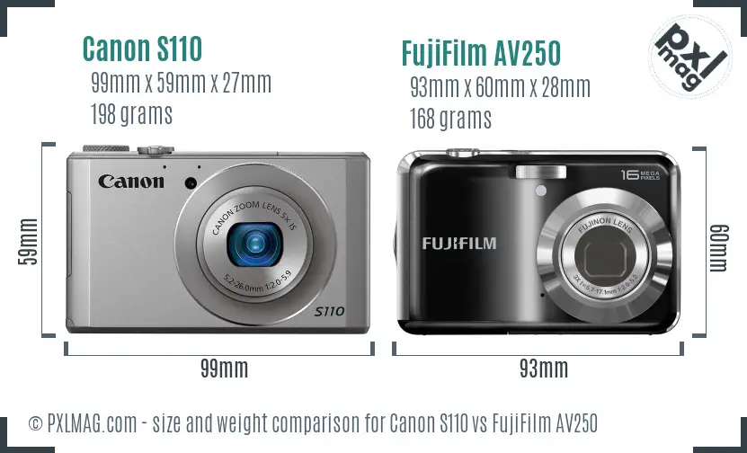Canon S110 vs FujiFilm AV250 size comparison