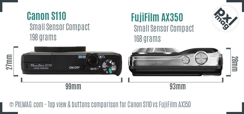 Canon S110 vs FujiFilm AX350 top view buttons comparison