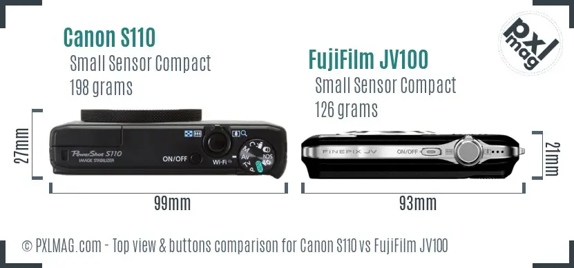 Canon S110 vs FujiFilm JV100 top view buttons comparison