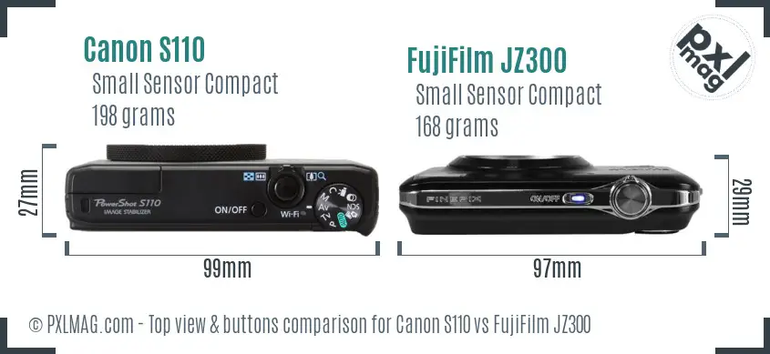 Canon S110 vs FujiFilm JZ300 top view buttons comparison Canon S110 vs FujiFilm JZ300 top view buttons comparison