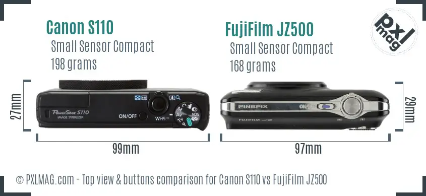 Canon S110 vs FujiFilm JZ500 top view buttons comparison