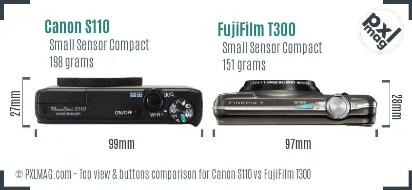 Canon S110 vs FujiFilm T300 top view buttons comparison