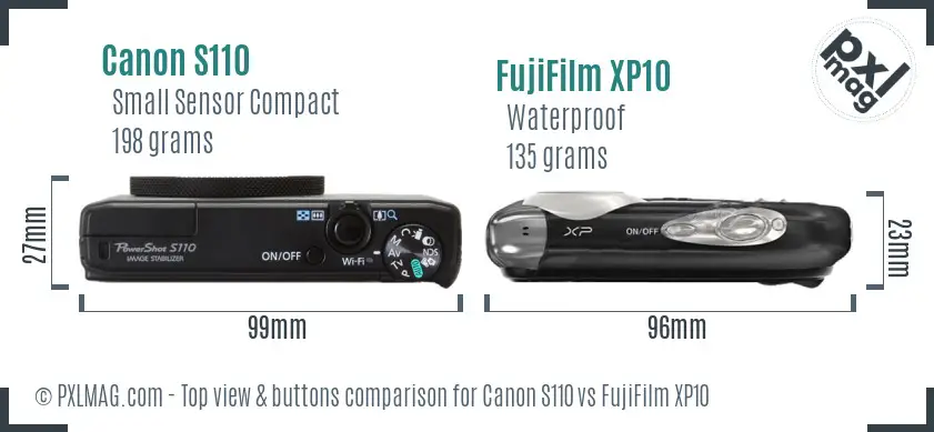 Canon S110 vs FujiFilm XP10 top view buttons comparison