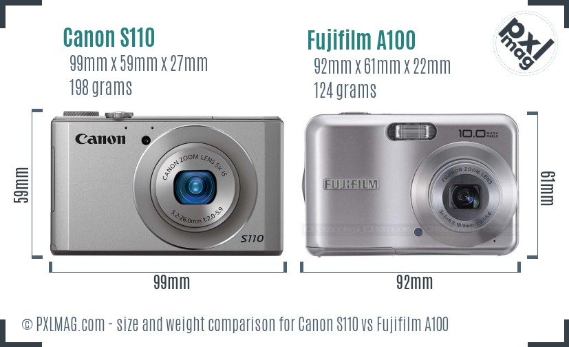 Canon S110 vs Fujifilm A100 size comparison