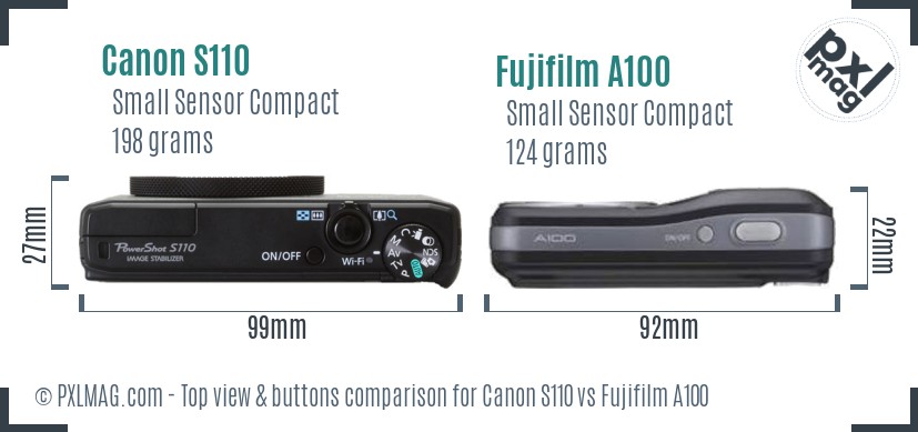Canon S110 vs Fujifilm A100 top view buttons comparison