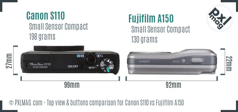 Canon S110 vs Fujifilm A150 top view buttons comparison