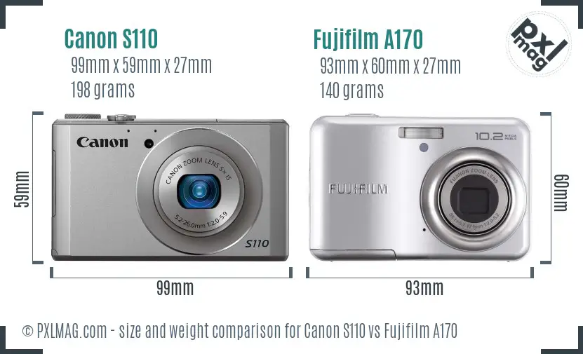 Canon S110 vs Fujifilm A170 size comparison