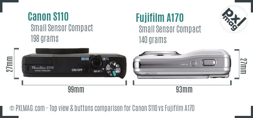 Canon S110 vs Fujifilm A170 top view buttons comparison