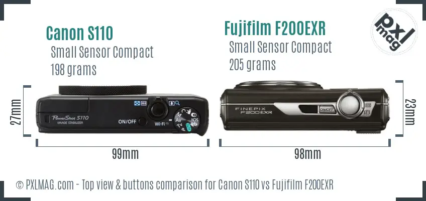 Canon S110 vs Fujifilm F200EXR top view buttons comparison