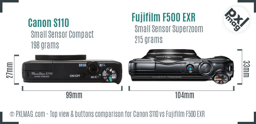 Canon S110 vs Fujifilm F500 EXR top view buttons comparison Canon S110 vs Fujifilm F500 EXR top view buttons comparison