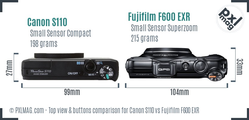 Canon S110 vs Fujifilm F600 EXR top view buttons comparison
