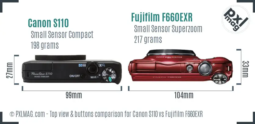 Canon S110 vs Fujifilm F660EXR top view buttons comparison Canon S110 vs Fujifilm F660EXR top view buttons comparison
