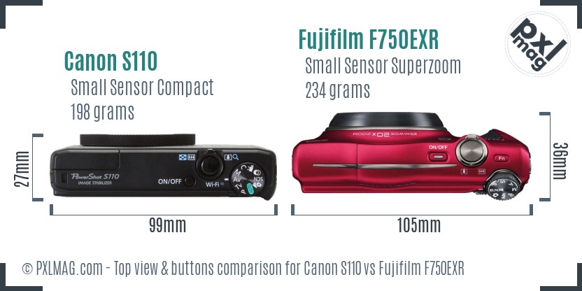 Canon S110 vs Fujifilm F750EXR top view buttons comparison