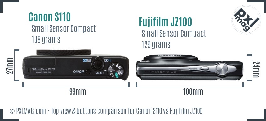 Canon S110 vs Fujifilm JZ100 top view buttons comparison
