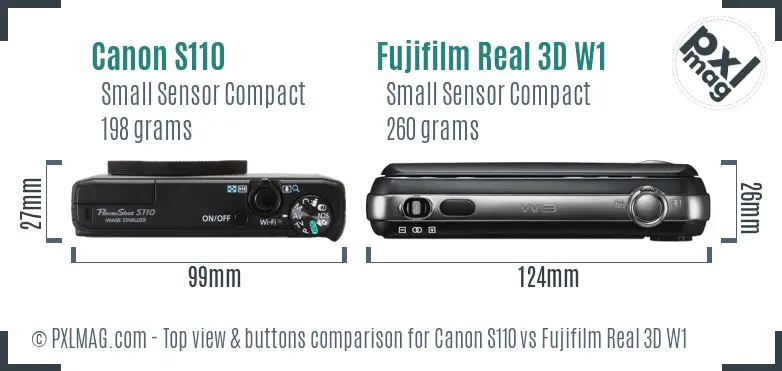 Canon S110 vs Fujifilm Real 3D W1 top view buttons comparison