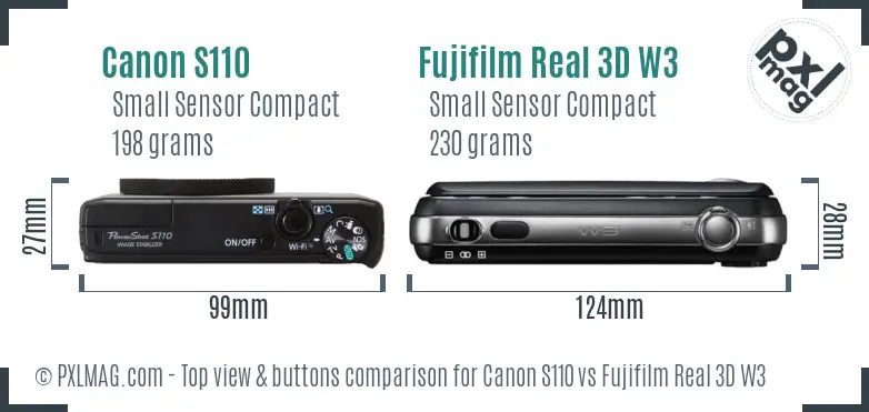 Canon S110 vs Fujifilm Real 3D W3 top view buttons comparison Canon S110 vs Fujifilm Real 3D W3 top view buttons comparison