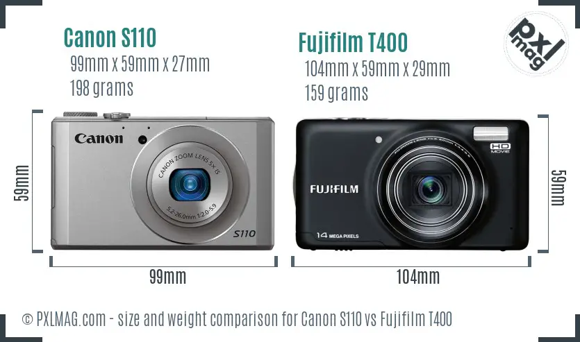 Canon S110 vs Fujifilm T400 size comparison