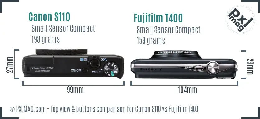 Canon S110 vs Fujifilm T400 top view buttons comparison