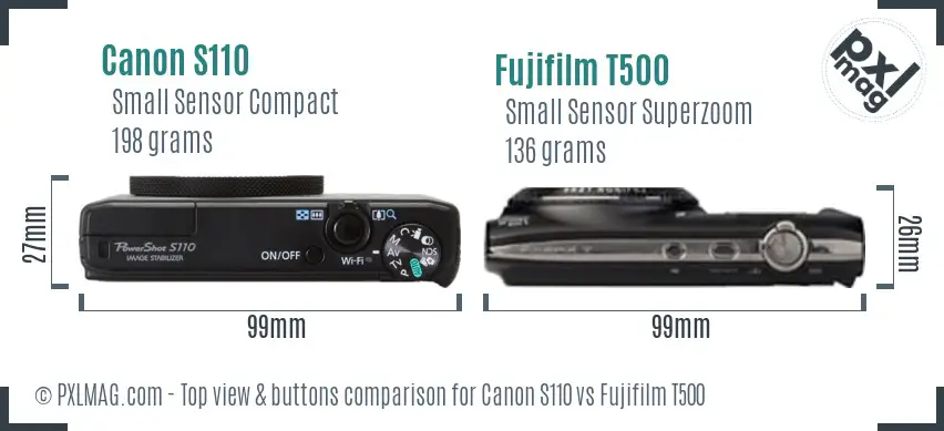Canon S110 vs Fujifilm T500 top view buttons comparison