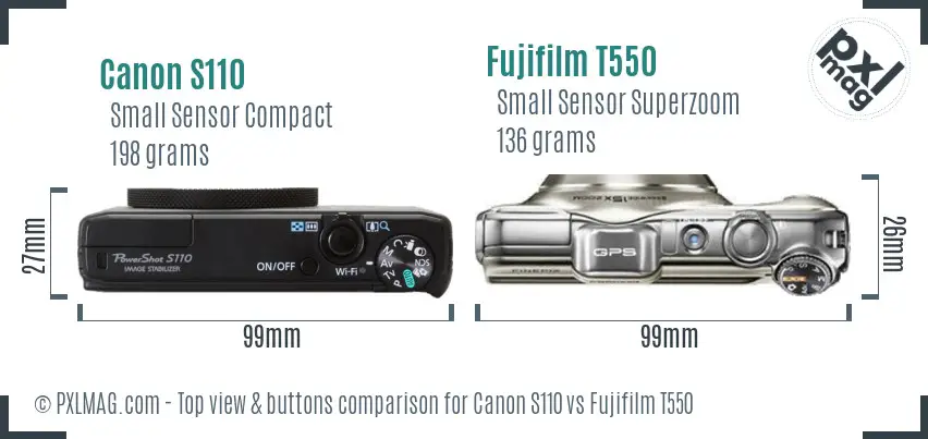 Canon S110 vs Fujifilm T550 top view buttons comparison