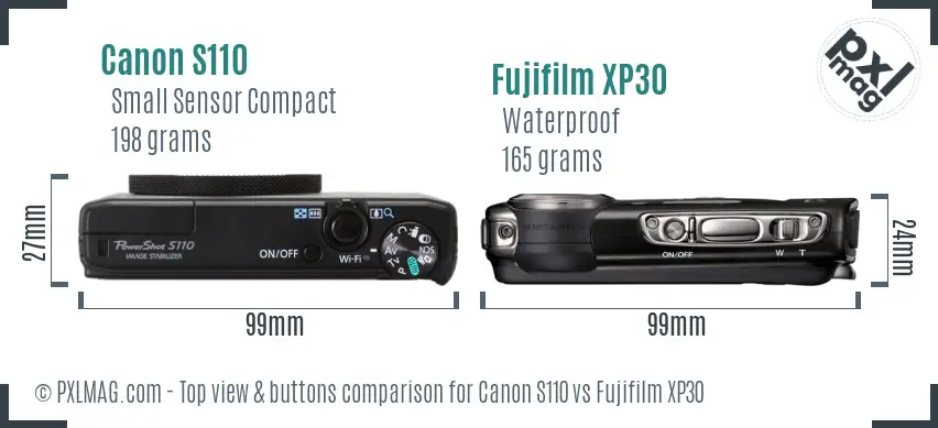 Canon S110 vs Fujifilm XP30 top view buttons comparison