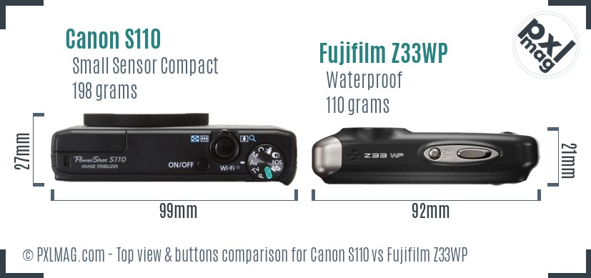 Canon S110 vs Fujifilm Z33WP top view buttons comparison