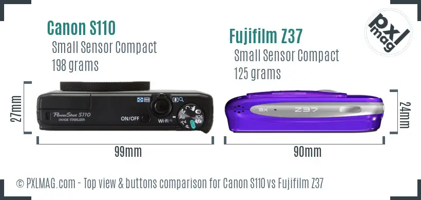 Canon S110 vs Fujifilm Z37 top view buttons comparison