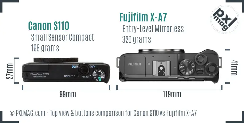 Canon S110 vs Fujifilm X-A7 top view buttons comparison