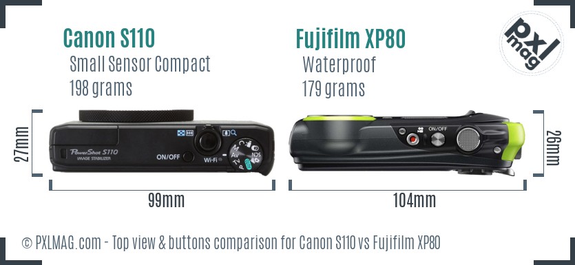 Canon S110 vs Fujifilm XP80 top view buttons comparison