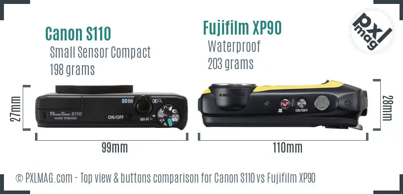 Canon S110 vs Fujifilm XP90 top view buttons comparison