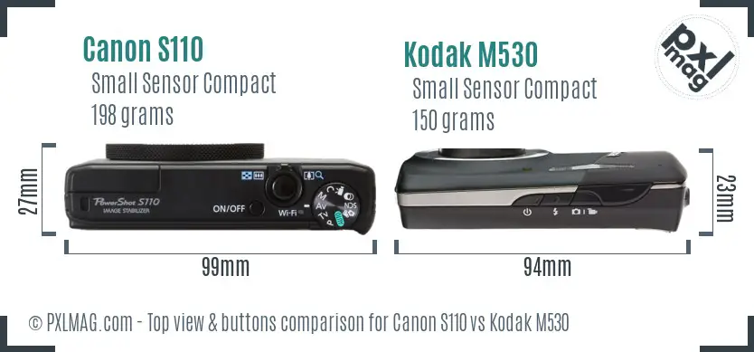 Canon S110 vs Kodak M530 top view buttons comparison