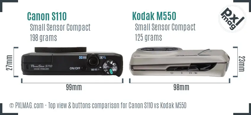 Canon S110 vs Kodak M550 top view buttons comparison