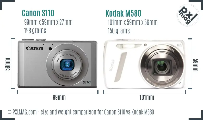 Canon S110 vs Kodak M580 size comparison