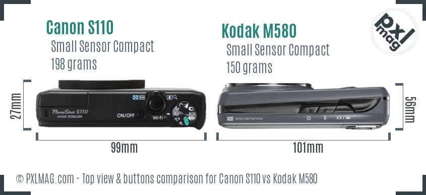 Canon S110 vs Kodak M580 top view buttons comparison