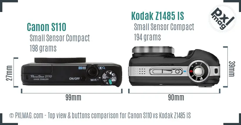 Canon S110 vs Kodak Z1485 IS top view buttons comparison Canon S110 vs Kodak Z1485 IS top view buttons comparison