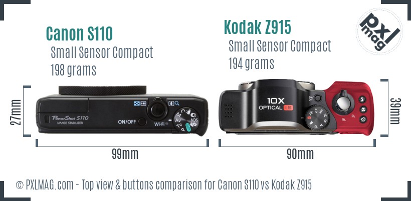 Canon S110 vs Kodak Z915 top view buttons comparison