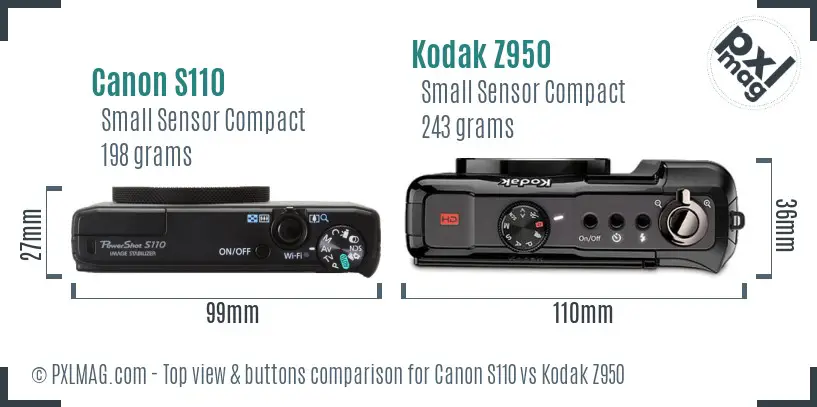 Canon S110 vs Kodak Z950 top view buttons comparison