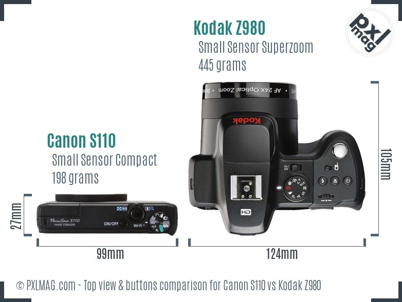 Canon S110 vs Kodak Z980 top view buttons comparison