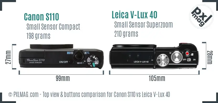 Canon S110 vs Leica V-Lux 40 top view buttons comparison Canon S110 vs Leica V-Lux 40 top view buttons comparison