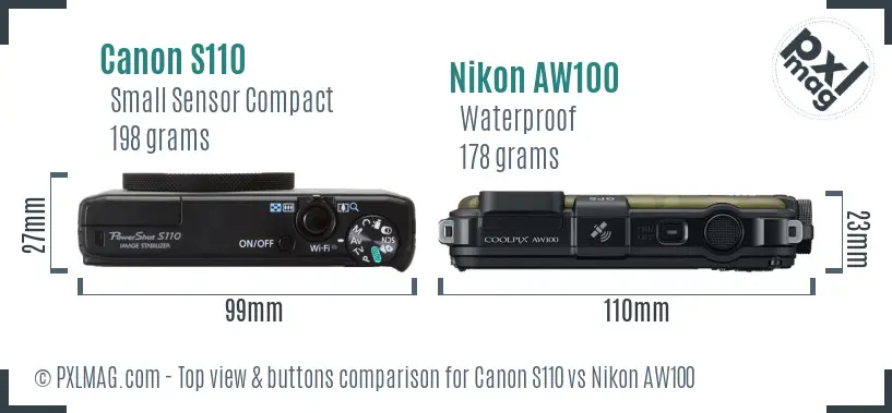 Canon S110 vs Nikon AW100 top view buttons comparison Canon S110 vs Nikon AW100 top view buttons comparison