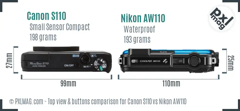 Canon S110 vs Nikon AW110 top view buttons comparison