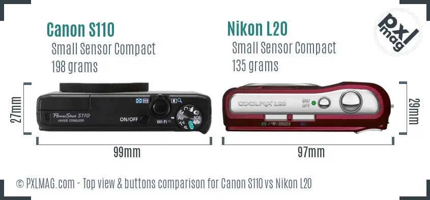 Canon S110 vs Nikon L20 top view buttons comparison