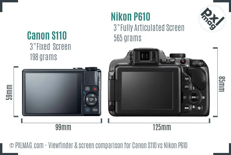 Canon S110 vs Nikon P610 Screen and Viewfinder comparison