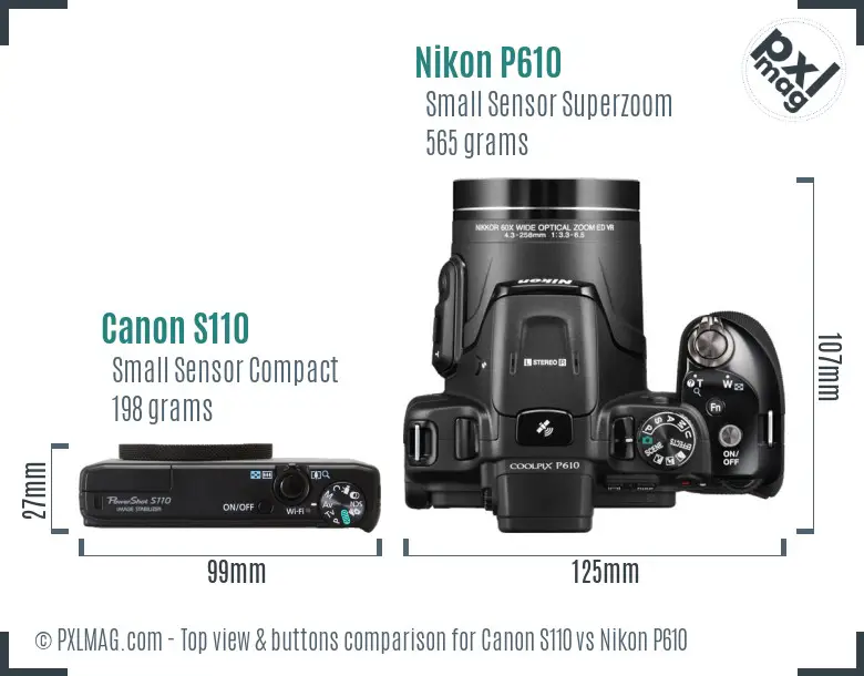 Canon S110 vs Nikon P610 top view buttons comparison